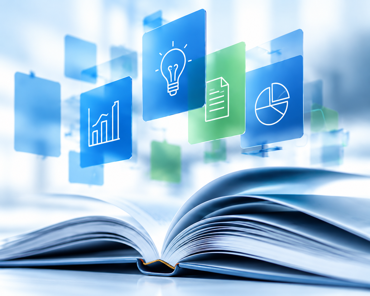 Open book with digital knowledge and information icons